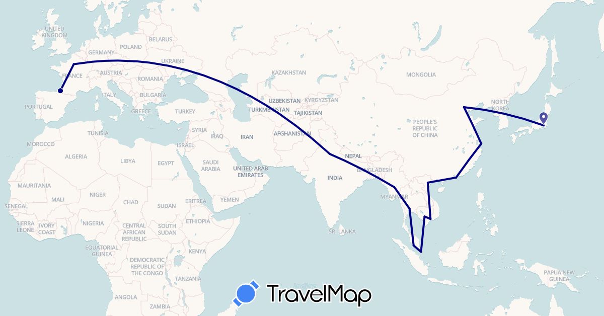 TravelMap itinerary: driving in China, France, Hong Kong, India, Japan, Cambodia, Myanmar (Burma), Malaysia, Singapore, Thailand, Vietnam (Asia, Europe)